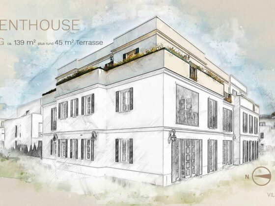 Hausansichten als Zeichnung Villa La Rochelle: mit eingefärbter Wohneinheit für Social Media