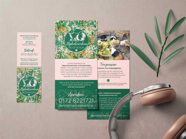 Visitenkarten und Flyer auf für Alphatierchen